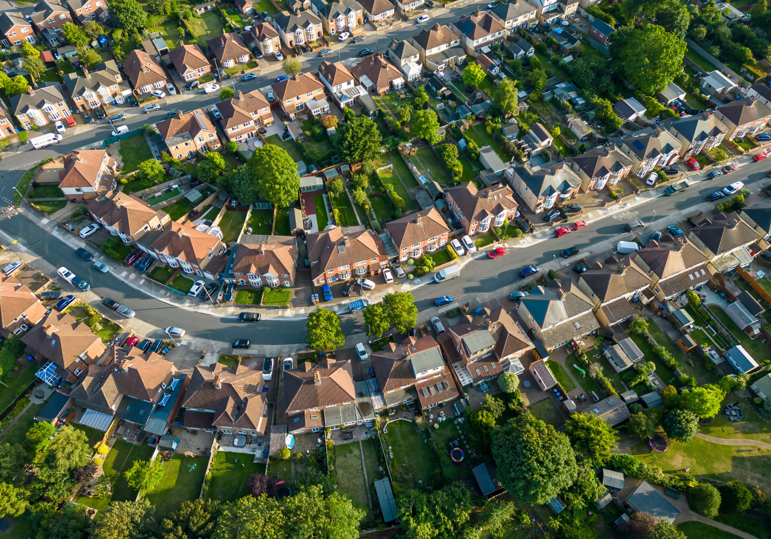 An aerial view of a residential area of Ipswich, Suffolk, UK